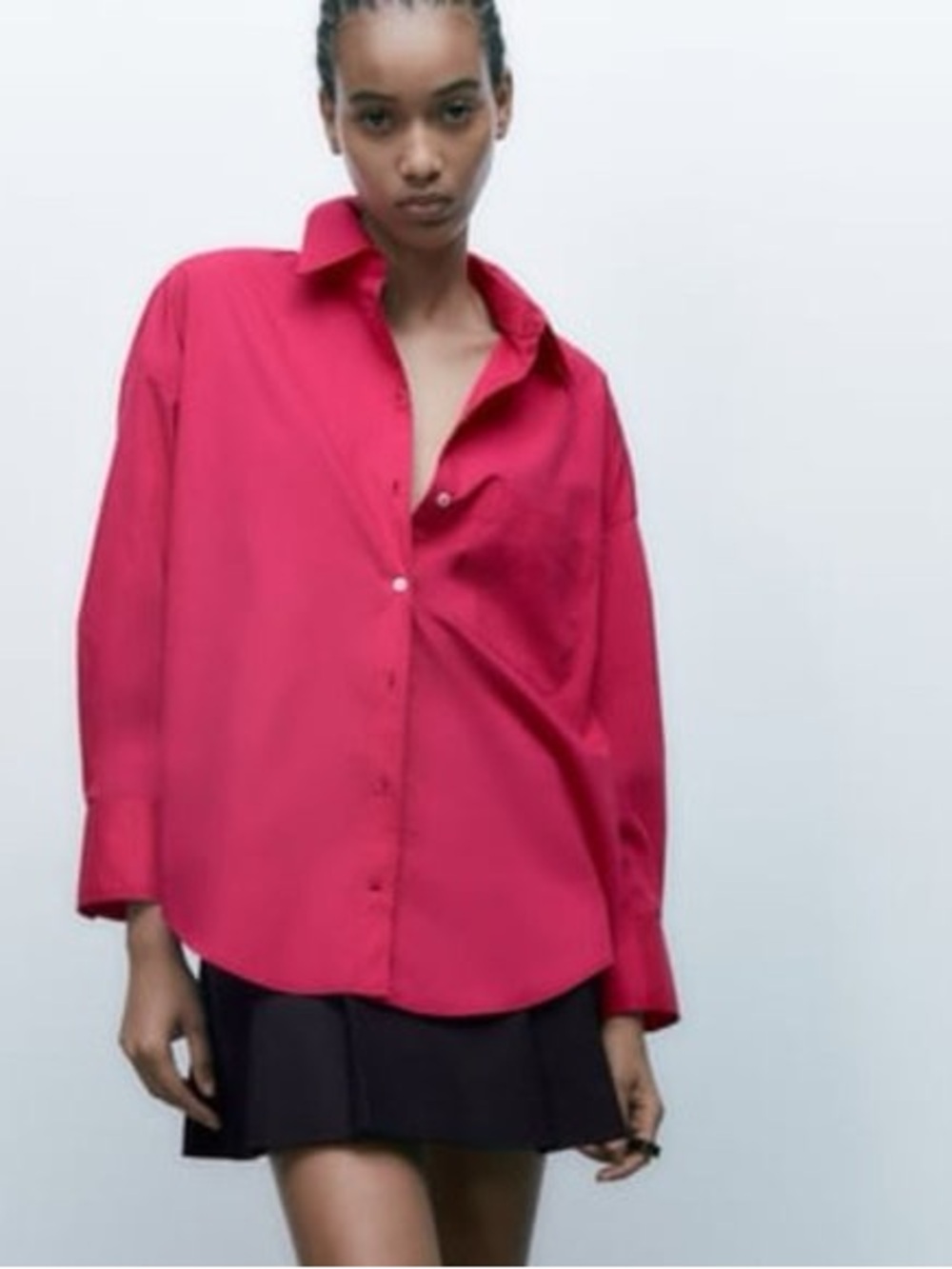 ZARA Bright Fuchsia Pink Long Sleeve Poplin Blouse XS Oversized